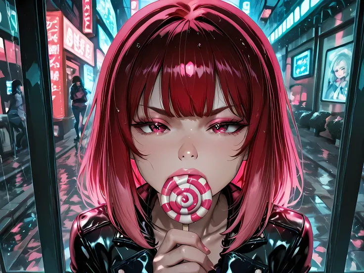 A cinematic 1980s anime scene, cel-shaded and hand-drawn style, showing a rebellious, stylish woman inside a glass telephone booth on a rainy night in a neon-lit city. She wears large tinted sunglasses, even in the rain, and a soaked leather jacket with he...