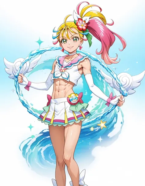 score 9 , score 8 up, score 7 up, source anime, masterpiece, Best quality, Best resolution, anime coloring, anime screencap, anime screenshot, 1boy, cure summer is a boy, Boy wearing a long wig with white crop top dress, solo, long blonde haired anime boy,...