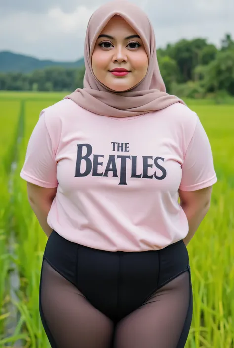 Just Front photo, wear a loose drop Looks like a little rubber panties pastel translucent (black) leggings closed my center, Tetek besar melayut, hijab hijab hijab  hijab, (photorealistic:1.6), background rice paddy. daytime atmosphere, don't put any rope!...