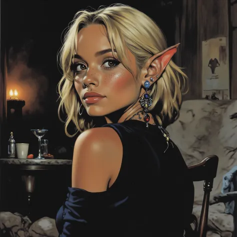 High-quality, detailed oil painting, analog vintage photography style (detailed image). A young and beautiful elven woman looking calm and confident at the camera. Her face is beautiful and full of freckles. Her elven ears are pointy and feature earrings w...