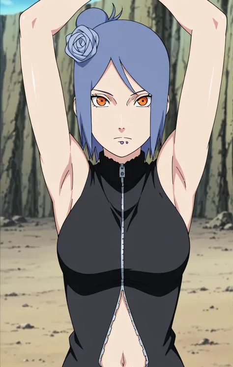 masterpiece, best quality, amazing quality, anime screencap, anime coloring, 1girl, solo, konan, blue hair, single hair bun, orange eyes, hair flower, lip piercing, medium breasts, black bodysuit, navel opening, zipper, skindentation, sleeveless, bare shou...