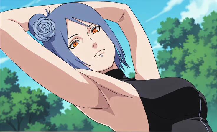 masterpiece, best quality, amazing quality, anime screencap, anime coloring, 1girl, solo, konan, blue hair, single hair bun, orange eyes, hair flower, lip piercing, medium breasts, black bodysuit, skindentation, turtleneck, sleeveless, bare shoulders, bare...