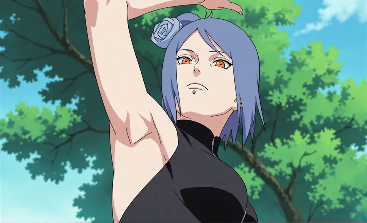 masterpiece, best quality, amazing quality, anime screencap, anime coloring, 1girl, solo, konan, blue hair, single hair bun, orange eyes, hair flower, lip piercing, medium breasts, black bodysuit, skindentation, turtleneck, sleeveless, bare shoulders, bare...