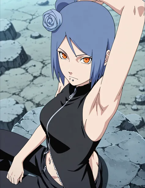 masterpiece, best quality, amazing quality, anime screencap, anime coloring, 1girl, solo, konan, skinny, blue hair, single hair bun, orange eyes, hair flower, lip piercing, medium breasts, black shirt, navel opening, zipper, skindentation, turtleneck, slee...