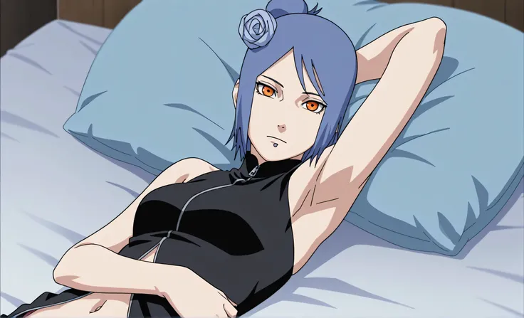 masterpiece, best quality, amazing quality, anime screencap, anime coloring, 1girl, solo, konan, skinny, blue hair, single hair bun, orange eyes, hair flower, lip piercing, medium breasts, black shirt, navel opening, zipper, skindentation, turtleneck, slee...