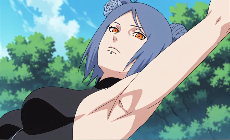 masterpiece, best quality, amazing quality, anime screencap, anime coloring, 1girl, solo, konan, blue hair, single hair bun, orange eyes, hair flower, lip piercing, medium breasts, black bodysuit, skindentation, turtleneck, sleeveless, bare shoulders, bare...