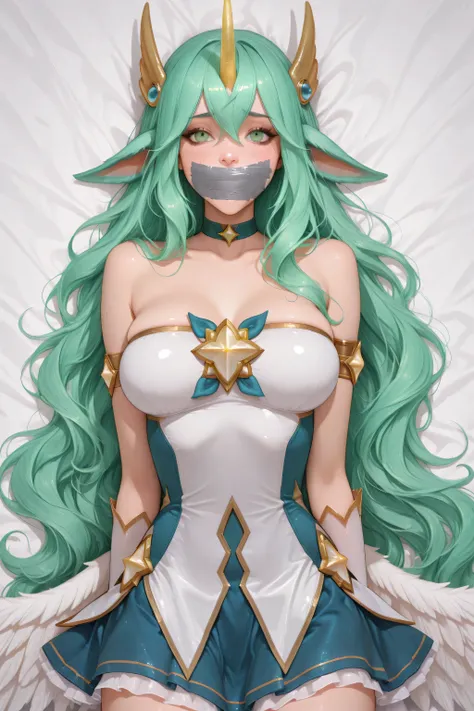 tapegagged,slut written on duct tape, white duct tape gag, 1girl,green hair,horns,long hair,singe horn,soraka_star,star guardian \(league of legends\),bare shoulders,green eyes,animal ears,gloves,magical girl,white gloves,breasts,very long hair,skirt,alter...