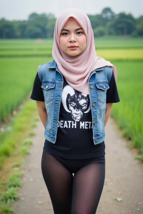 The angry face expression! Just Front photo, wear a loose drop Looks like a little rubber panties pastel translucent (black) leggings closed my center, Tetek besar melayut, hijab hijab hijab  hijab, (photorealistic:1.6), background rice paddy. daytime atmo...