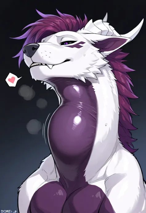 score_9, score_8_up, score_7_up, score_6_up, masterpiece, best quality, amazing quality, very aesthetic, absurdres, newest, solo, male, fox dragon hybrid, feral, massive physique, sleek body, pristine white fur, two white horns, scaly dark purple belly, bl...