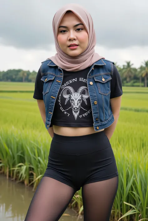 The angry face expression! Just Front photo, wear a loose drop Looks like a little rubber panties pastel translucent (black) leggings closed my center, Tetek besar melayut, hijab hijab hijab  hijab, (photorealistic:1.6), background rice paddy. daytime atmo...