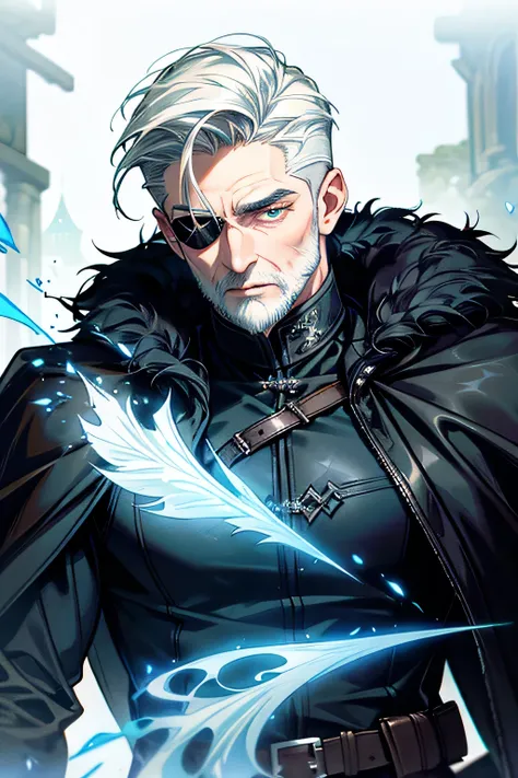 Masterpiece, Best quality, (Ultra-detailed), ultra detailed, (HDR), Dramatic Lighting, Requiem,clive rosfield,white undercut hair, Hair slicked back, white under-Cut Hair slicked back , Green eyes, Final fantasy xvi, ((solo man)), handsome, black leather j...