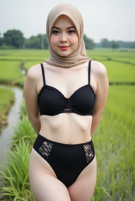 Small cute the face really moody, (Shree Sexy Black plain Garter Belt) closed my center, Tetek besar melayut, hijab hijab hijab  hijab, (photorealistic:1.6), background rice paddy. daytime atmosphere, don't put any rope! flat chest!, duduk di atas kerusi k...