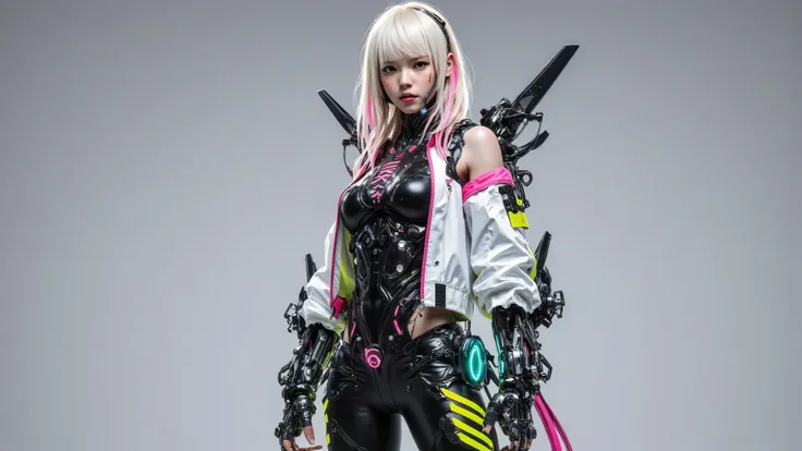 Full body image of a 19-year-old woman, slim but very athletic body, thin waist. 

He has long platinum hair with pink and neon green on the tips and a little hair on his face. fair skin, pink eyes with an eyeliner, slightly pronounced copper lips.

She we...