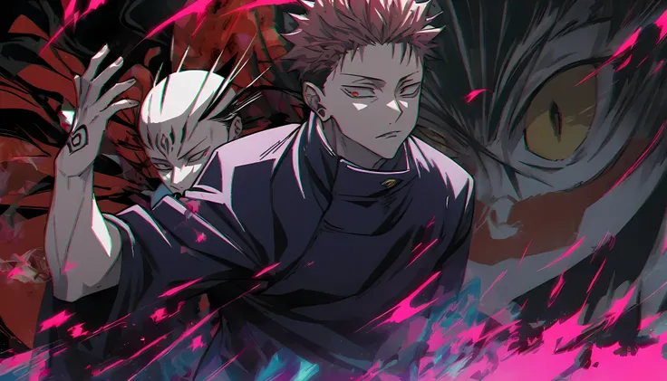
---

"Create a dynamic and intense artwork featuring Yuji Itadori and Sukuna from 'Jujutsu Kaisen.' Yuji should be depicted in a powerful stance, with determination in his eyes, while Sukuna's malevolent presence looms behind him, embodying his sinister n...