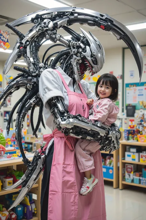 Ishikawa Ren , big mouth and fangs, a nursery teacher with more than half of her body made of machines, whose face is all made of machines, Equip yourself with a large scythe, I'm holding a small child, A small child is happily hugging, pink apron, Carryin...