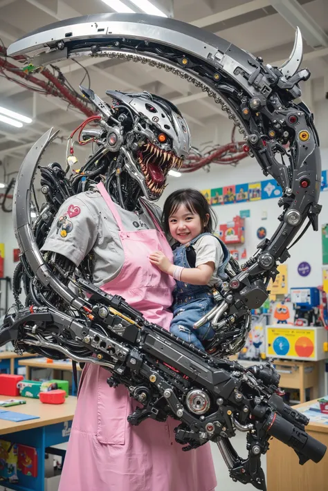Ishikawa Ren , big mouth and fangs, a nursery teacher with more than half of her body made of machines, whose face is all made of machines, Equip yourself with a large scythe, I'm holding a small child, A small child is happily hugging, pink apron, Carryin...