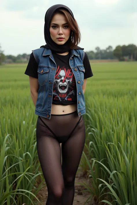 The angry face expression! Just Front photo, wear a loose drop Looks like a little rubber panties pastel translucent (black) leggings closed my center, Tetek besar melayut, hijab hijab hijab  hijab, (photorealistic:1.6), background rice paddy. daytime atmo...