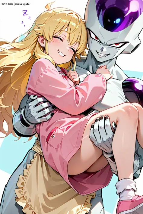 1boy and 1girl, frieza wearing apron, princess carry, looking at viewer with arrogant smirking with teeth visible,  princess carry a 5 years old girl sleeping:1.2,  wearing pink kindergarten smock, masterpiece, best quality, 