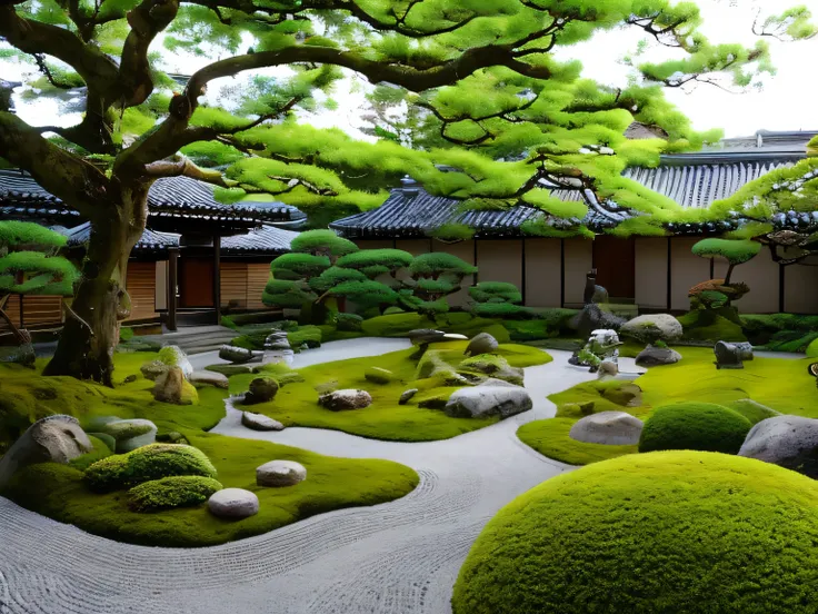 A tranquil Japanese garden with a stone path winding through lush green moss and carefully pruned bonsai trees. A red arched bridge crosses over a koi pond with colorful koi fish swimming. Traditional stone lanterns (tōrō) are softly glowing, surrounded by...