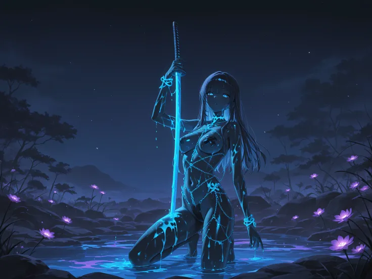 1girl, body_chain, pasties, black thongs, revealing clothes,japanese sword, glowing, dripping in paint, paint on a naked woman, background : is a hotspring, glowing water, night time . beautiful colors and paint. flowers