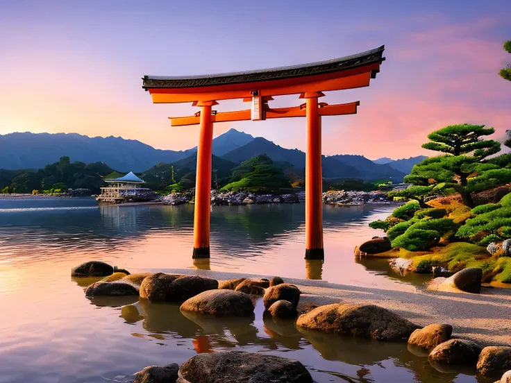 A breathtaking view of the iconic red torii gate of Itsukushima Shrine standing in the sea during sunset, with calm water reflecting the glowing orange sky. The torii gate is large and majestic, surrounded by distant forest-covered mountains and a serene c...
