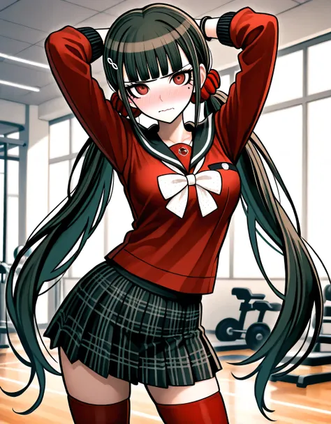 Maki Harukawa DRV3, masterpiece, long hair, bangs, black hair, hair ornament, red eyes, twintails, very long hair, hairclip, blunt bangs, mole under eye, low twintails, scrunchie, Hair scrunchie, Red Scrunchie, skirt, shirt, thighhighs, long sleeves, bow...