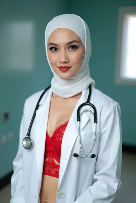 hijab Nurses and doctors in white coats. Super realistic with sensual lacy red bra.. Sexual  22años.whole body. masterpiece. bulky . Batas blancas de hospital lencería blancaDoctora con bata blanca sensual con sujetador blanco masterpiece. lacy micro linge...