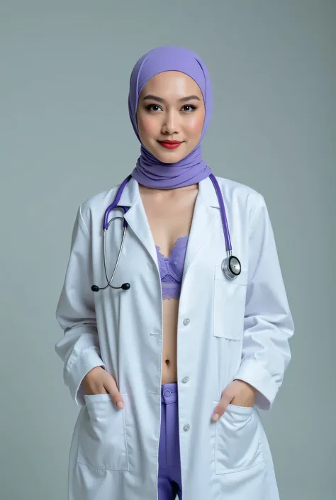 hijab Nurses and doctors in white coats. Super realistic with sensual lacy purple bra.. Sexual  22años.whole body. masterpiece. bulky . Batas blancas de hospital lencería blancaDoctora con bata blanca sensual con sujetador blanco masterpiece. lacy micro li...