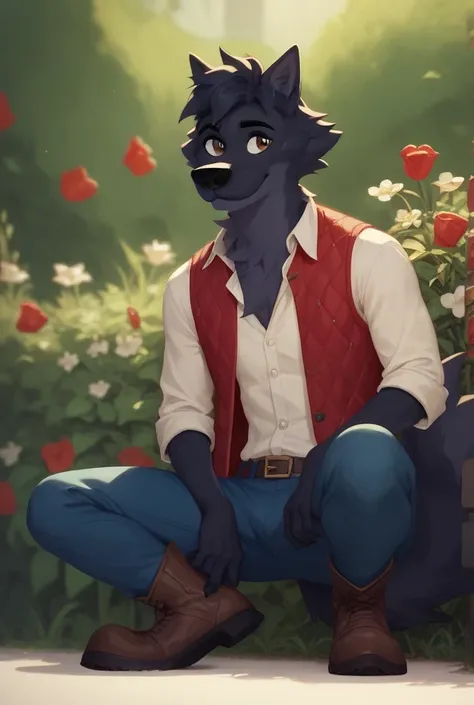 lupine ,dog, black hair, eyes, brown eyes, semi-anthropogenic body, red open vest, blue pants, brown boots, furry wolf