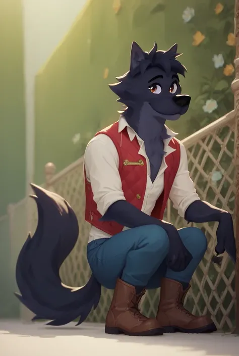 lupine ,dog, black hair, eyes, brown eyes, semi-anthropogenic body, red open vest, blue pants, brown boots, furry wolf