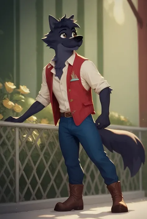 lupine ,dog, black hair, eyes, brown eyes, semi-anthropogenic body, red open vest, blue pants, brown boots, furry wolf
