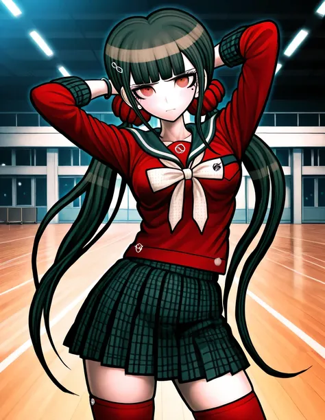 Maki Harukawa DRV3, Rui Komatsuzaki art style, Danganronpa art stil, long hair, bangs, black hair, hair ornament, red eyes, twintails, very long hair, hairclip, blunt bangs, mole under eye, low twintails, scrunchie, hair scrunchie, red scrunchie, skirt, sh...