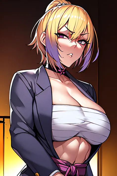 ultra detailed portrait, upper body, menacing Japanese yakuza woman, tough street fighter, slicked back short blond hair with purple highlights, black headband, sharp glaring eyes, black men's suit jacket open, white sarashi wrapped around large chest, exp...