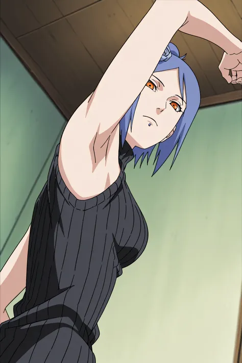 masterpiece, best quality, amazing quality, anime screencap, anime coloring, 1girl, solo, konan, skinny, blue hair, single hair bun, orange eyes, hair flower, lip piercing, medium breasts, black sweater, sleeveless sweater, ribbed sweater, turtleneck, slee...