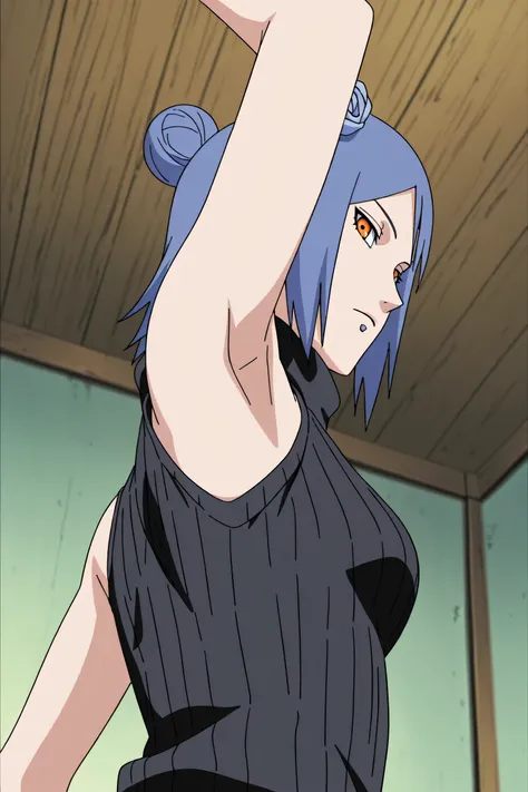 masterpiece, best quality, amazing quality, anime screencap, anime coloring, 1girl, solo, konan, skinny, blue hair, single hair bun, orange eyes, hair flower, lip piercing, medium breasts, black sweater, sleeveless sweater, ribbed sweater, turtleneck, slee...