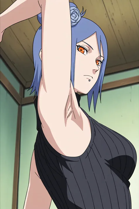 masterpiece, best quality, amazing quality, anime screencap, anime coloring, 1girl, solo, konan, skinny, blue hair, single hair bun, orange eyes, hair flower, lip piercing, medium breasts, black sweater, sleeveless sweater, ribbed sweater, turtleneck, slee...