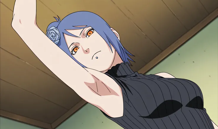 masterpiece, best quality, amazing quality, anime screencap, anime coloring, 1girl, solo, konan, skinny, blue hair, single hair bun, orange eyes, hair flower, lip piercing, medium breasts, black sweater, sleeveless sweater, ribbed sweater, turtleneck, slee...