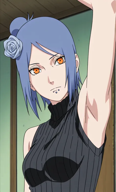 masterpiece, best quality, amazing quality, anime screencap, anime coloring, 1girl, solo, konan, skinny, blue hair, single hair bun, orange eyes, hair flower, lip piercing, medium breasts, black sweater, sleeveless sweater, ribbed sweater, turtleneck, slee...