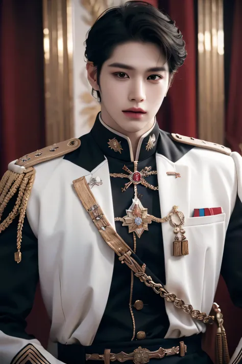 ((highest quality, 8K, masterpiece: 1.3)), ((photorealistic)), Handsome boy in k pop model outfit, ((25-year-old man)), well-groomed face, black hair color, thin face, (white skin:1.5), black eyes, Super handsome, sexy eyes, Extra-fine face, handsome nose...