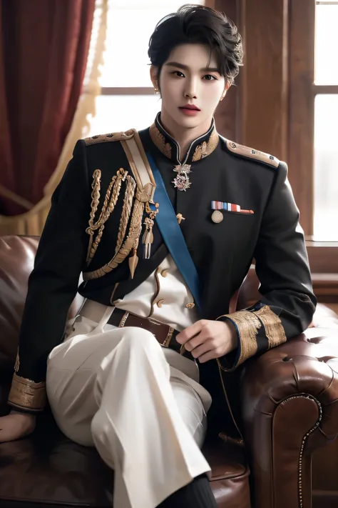 ((highest quality, 8K, masterpiece: 1.3)), ((photorealistic)), Handsome boy in k pop model outfit, ((25-year-old man)), well-groomed face, black hair color, thin face, (white skin:1.5), black eyes, Super handsome, sexy eyes, Extra-fine face, handsome nose...