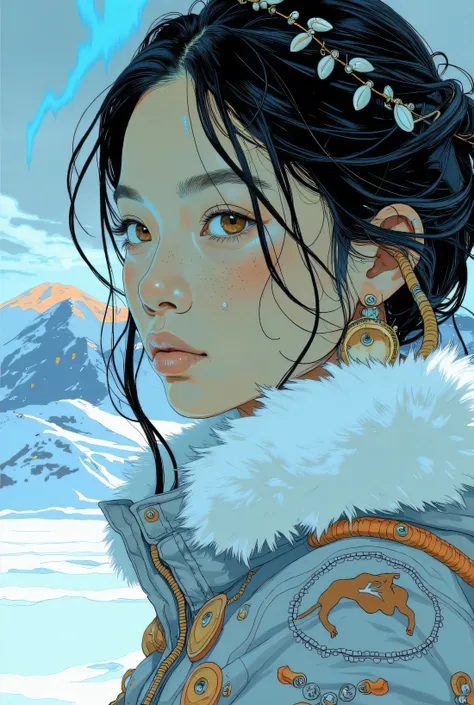 A close-up portrait of a beautiful young Inuit woman. She is dressed in traditional attire that embodies the strength and grace of her Arctic heritage. Her sleek, black hair is gracefully braided and adorned with small shells and natural ornaments, reflect...
