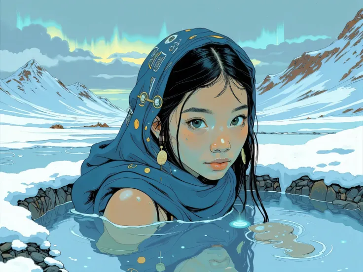 Close-up portrait of a beautiful young Inuit woman. She is bathing in a hot spring located in a natural crater in the middle of the Arctic landscape. Her straight black hair is elegantly braided and secured with a deep blue cloth scarf, adorned with intric...