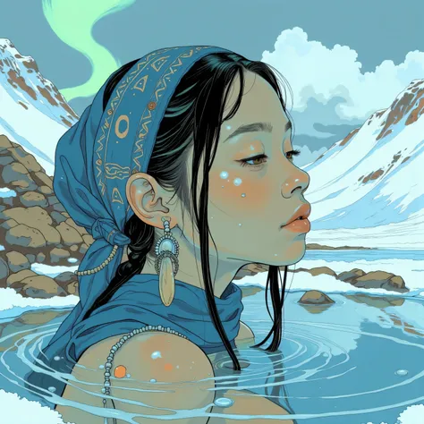 Close-up portrait of a beautiful young Inuit woman. She is bathing in a hot spring located in a natural crater in the middle of the Arctic landscape. Her straight black hair is elegantly braided and secured with a deep blue cloth scarf, adorned with intric...
