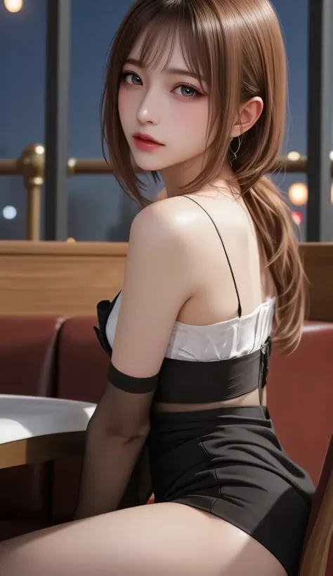 Beautiful white and radiant skin、 Chestnut hair that changes with light 、long bangs hanging in front of my eyes obstruct my view、Cheek Gloss Highlights、most beautiful face in the world、Small Face Beauty、The golden ratio、full body shot、beautiful woman、plump...
