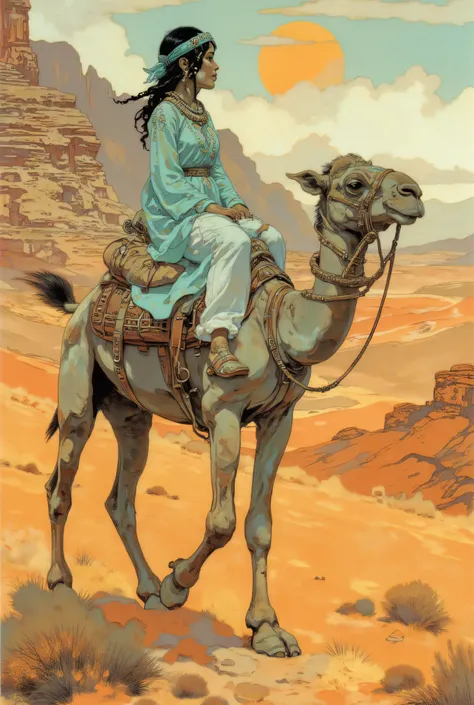 First General. A beautiful young Jordanian woman sits astride a camel wandering through a desert canyon. Her curly black hair is elegantly braided and held back by a small turquoise cloth scarf, adorned with intricate details that embody the cultural stren...