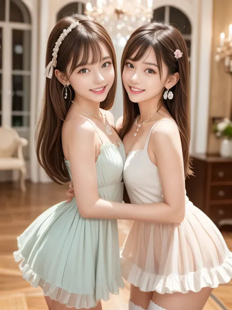 A realistic scene of two adorable young women standing close together, smiling directly at the camera, arm in arm, wearing cute pastel pink and white frilly party dresses with knee-length skirts. One has soft wavy hair in a half-up style with a ribbon, the...