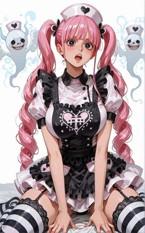 open mouth,,blush,,onepiecestyle,super high resolution, Perona(ONE PIECE), gothic lolina clothes, Twin Tails, pink hair, big eyes, pure white background , Frilled Nurse Cap, black lace apron, puff sleeve, Miniskirt nurse uniform, gothic decoration, Stripe...
