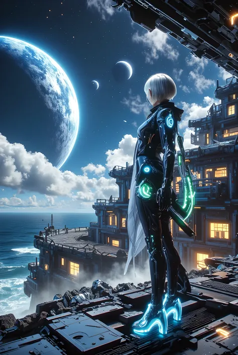 ultra high definition, hyperrealistic photograph, a girl with short silver hair, wearing a futuristic bodysuit with glowing elements, stands on a balcony overlooking an alien beach, a modern sci-fi house behind her with floating geometric designs and neon-...