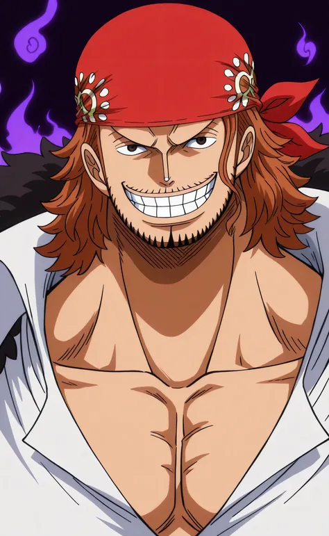 1male,solo,Gildarts Clive,brown hair,medium hair,curly hair,red bandana,evil grin,beard,white shirt,big muscle,Dark Aura,portrait,One Piece (Egghead) Style