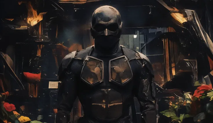 black noir, a man with a helmet and dressed in black bodysuit armor,Overgrown, Ruins, Foggy, Wasteland, Derelict, Cybernetic, Augmented, Prosthetics, Holographic, Bionic, Neon, Scavenger, Survivalist, Tribal, Masked, Exoskeleton, Hardened, Nomad, Ominous,...